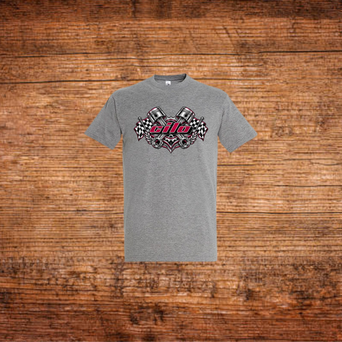 Grau meliertes T-Shirt mit Cilo-Kolbenmotiv vorn