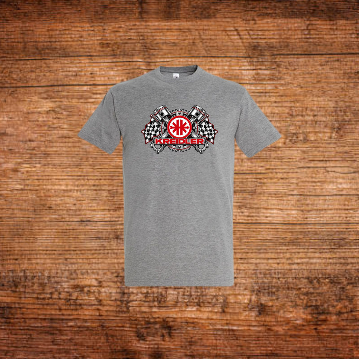 Graues T-Shirt mit Kreidler-Motiv auf der Brust