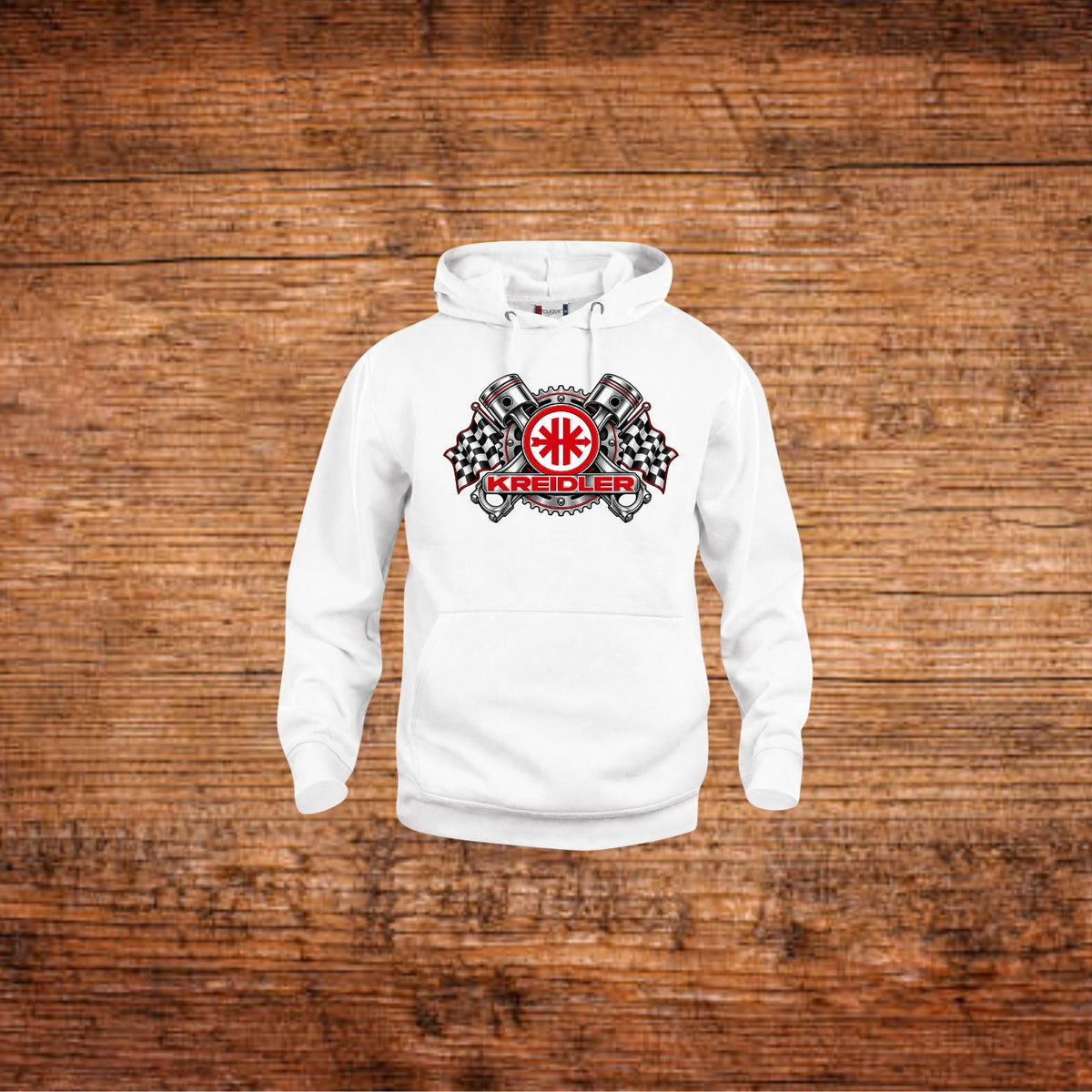 Weißer Kapuzenpullover mit Kreidler-Kolbenmotiv auf der Brust und Kängurutasche