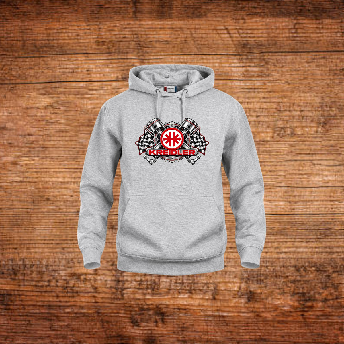 Grau melierter Kapuzenpullover mit Kreidler-Kolbenmotiv auf der Brust, Kängurutasche