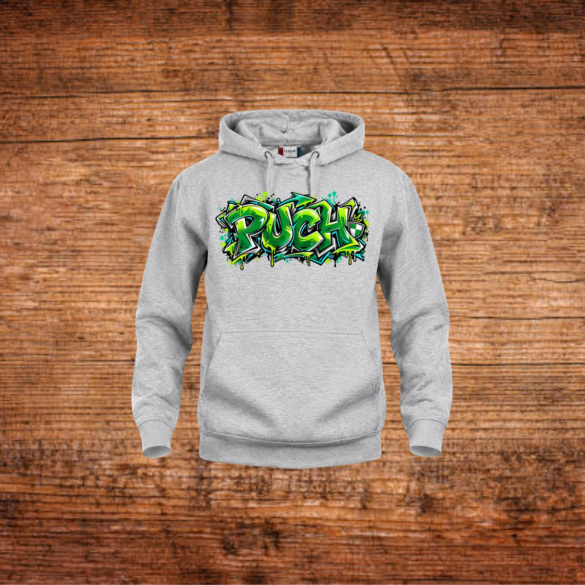 Graue Hoodie mit Kapuze und Kängurutasche, grüner Graffiti-Print „Puch“