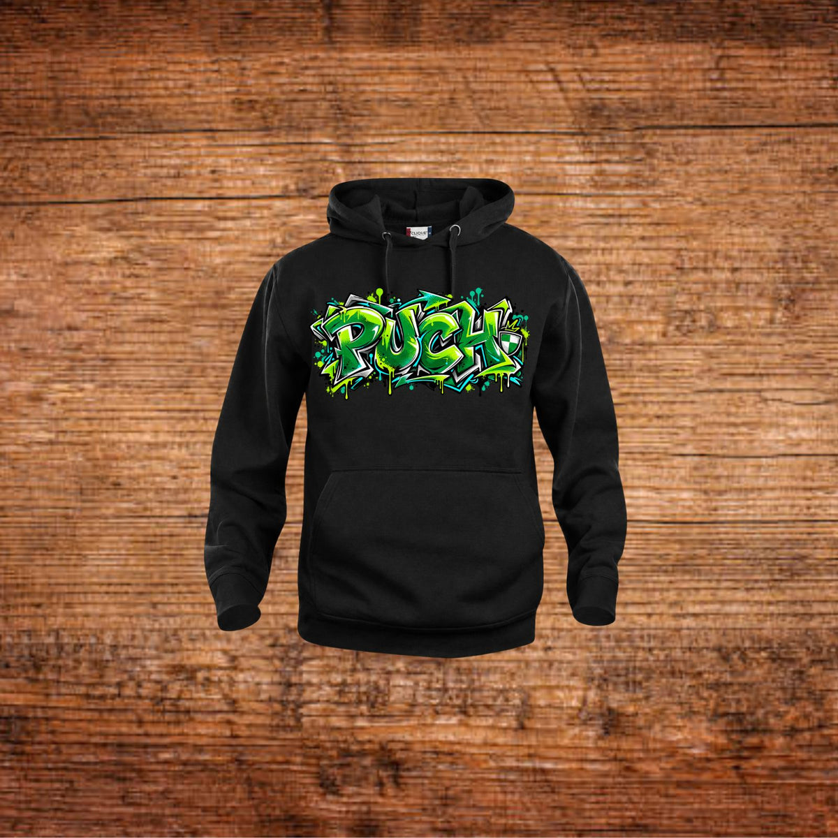 Schwarze Hoodie mit Kapuze und Kängurutasche, grüner Graffiti-Print „Puch“
