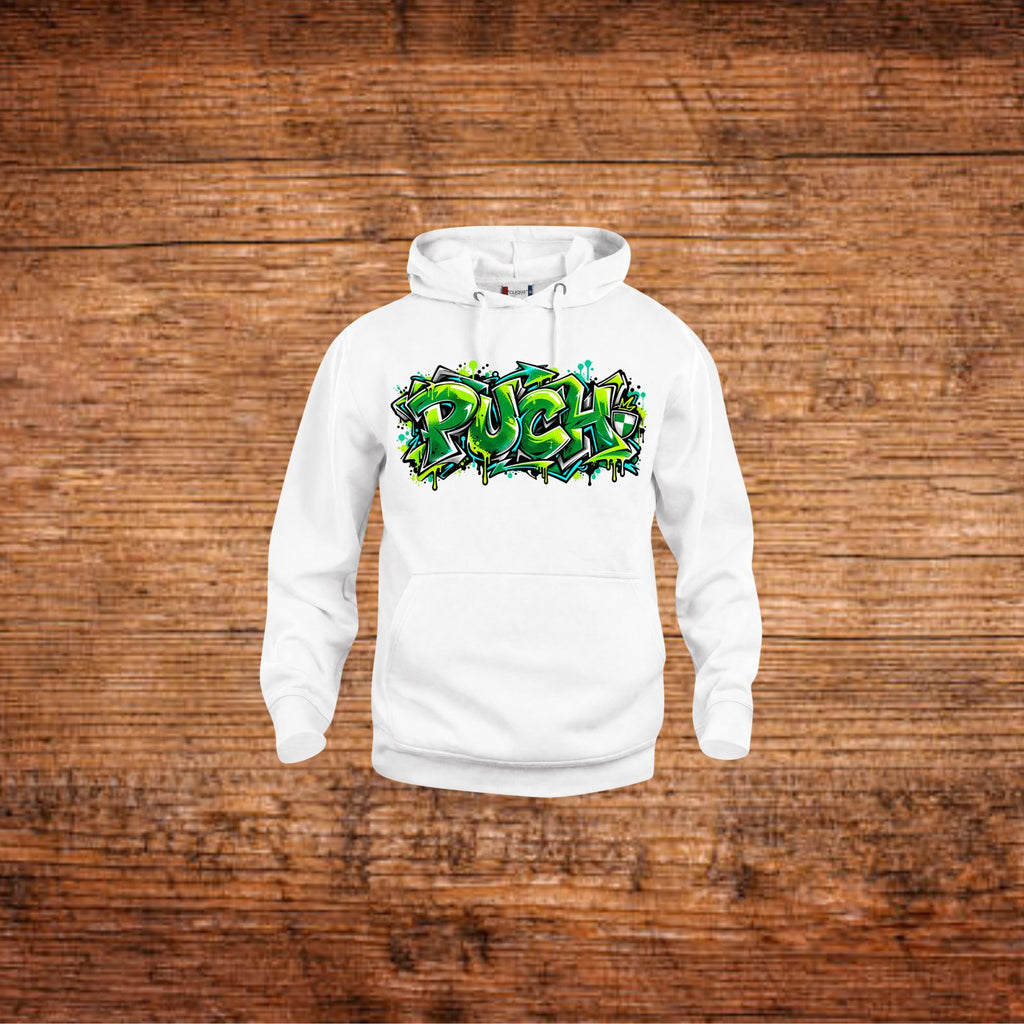 Weiße Hoodie mit Kapuze und Kängurutasche, grüner Graffiti-Print „Puch“