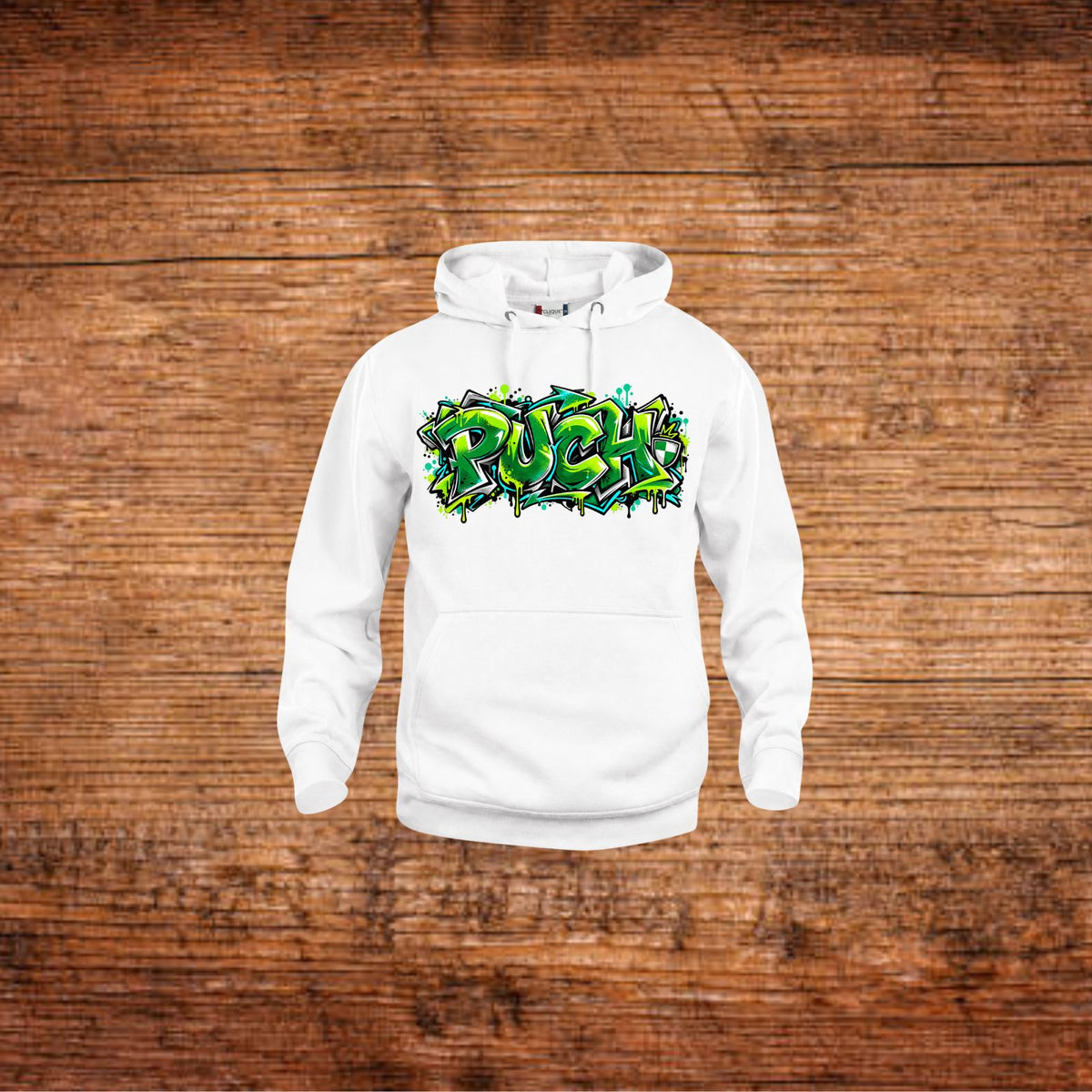 Weiße Hoodie mit Kapuze und Kängurutasche, grüner Graffiti-Print „Puch“