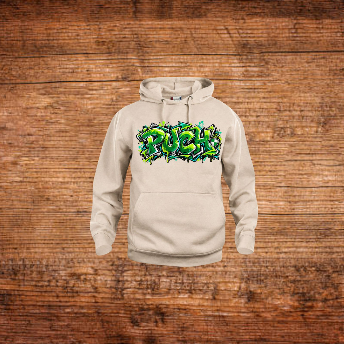 Beige Hoodie mit Kapuze und Kängurutasche, grüner Graffiti-Print „Puch“