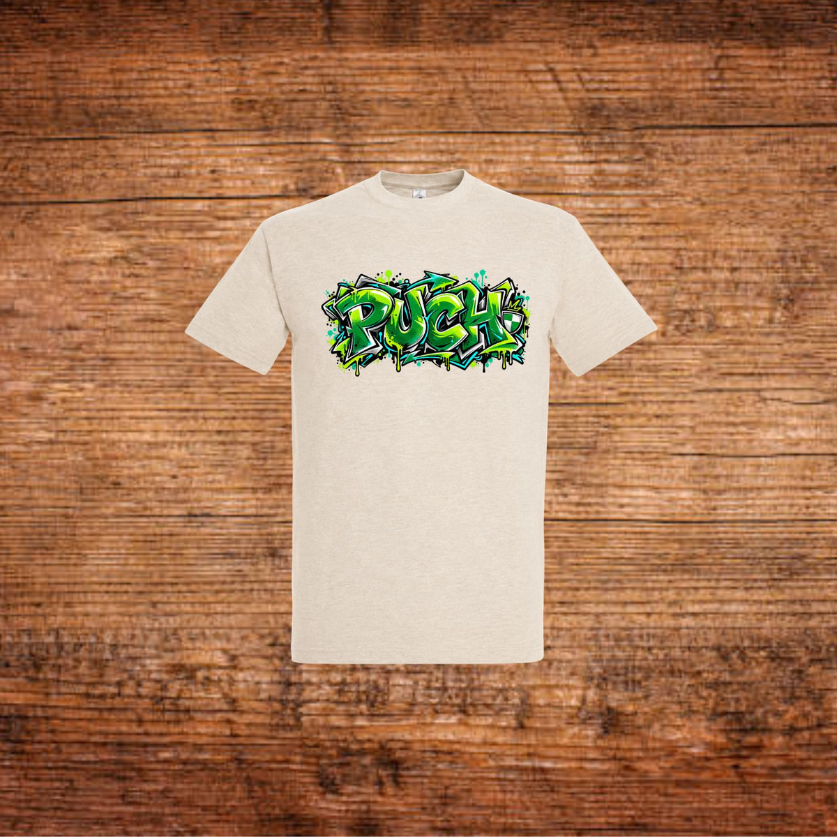 Puch Graffiti-T-Shirt in Hellbeige, kurzer Arm, Rundhalsausschnitt, grüner Frontprint