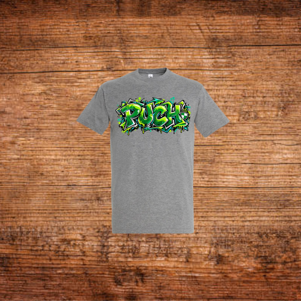 Puch Graffiti-T-Shirt in Grau, kurzer Arm, Rundhalsausschnitt, grüner Frontprint