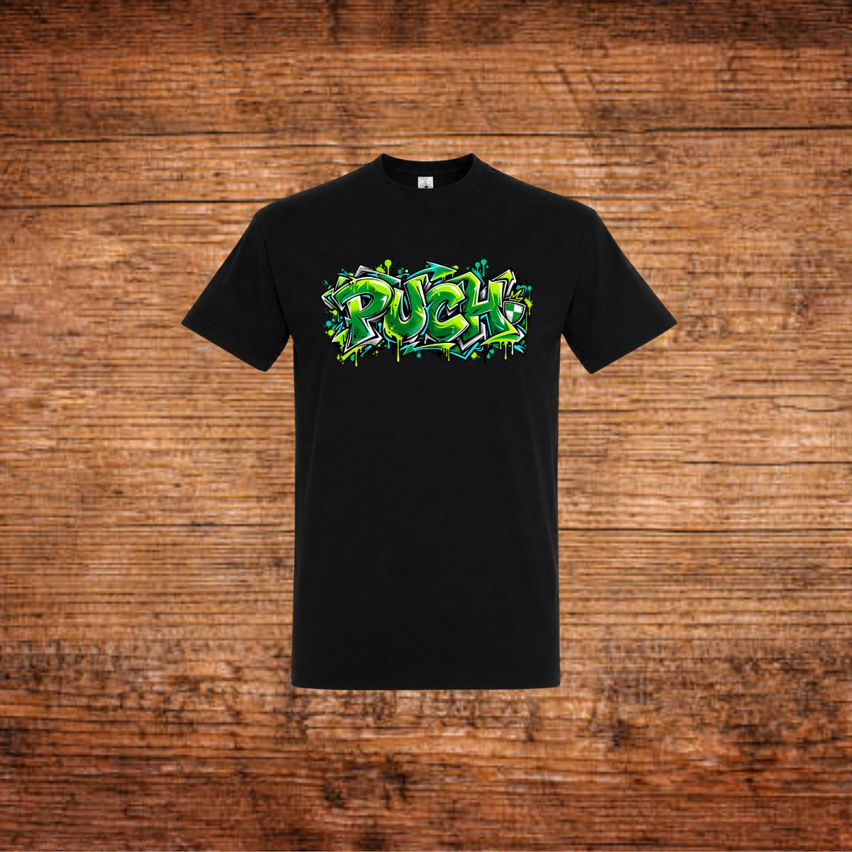 Puch Graffiti-T-Shirt in Schwarz, kurzer Arm, Rundhalsausschnitt, grüner Frontprint