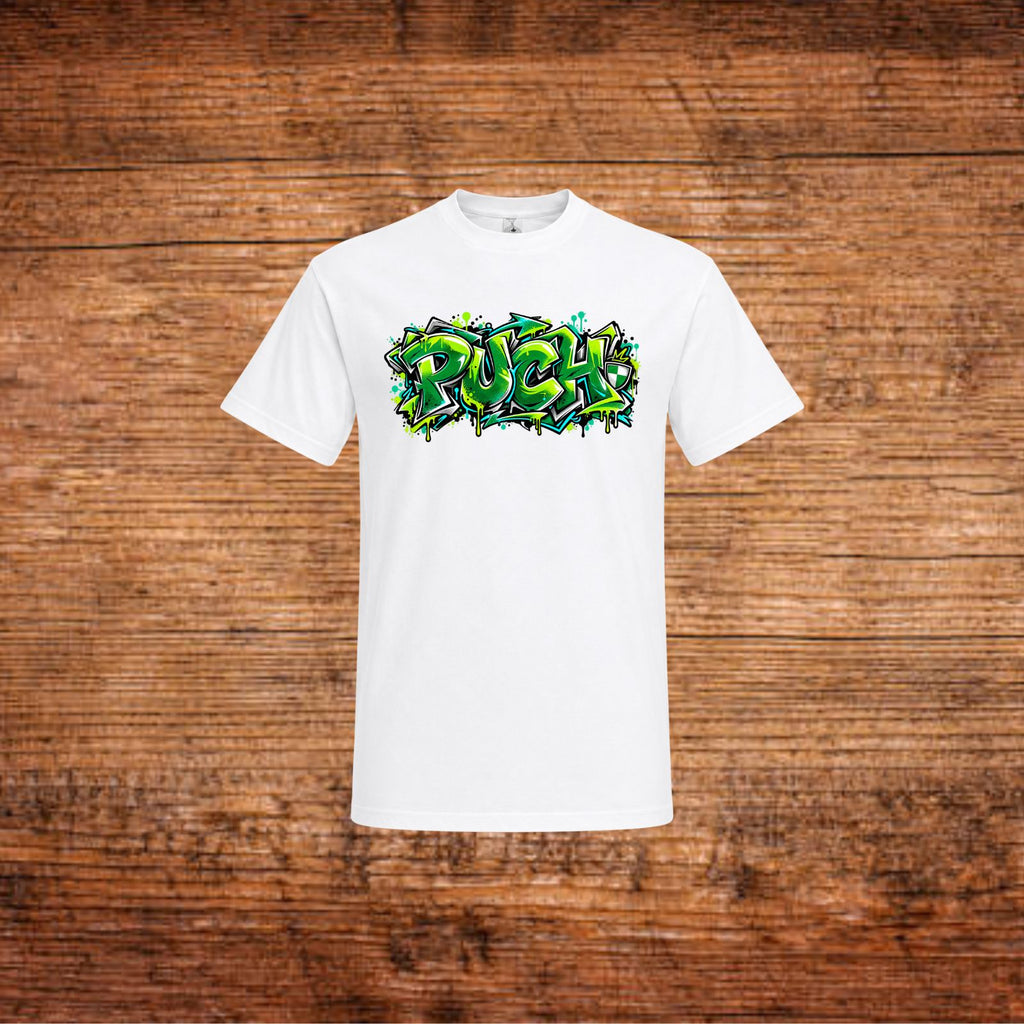 Puch Graffiti-T-Shirt in Weiß, kurzer Arm, Rundhalsausschnitt, grüner Frontprint