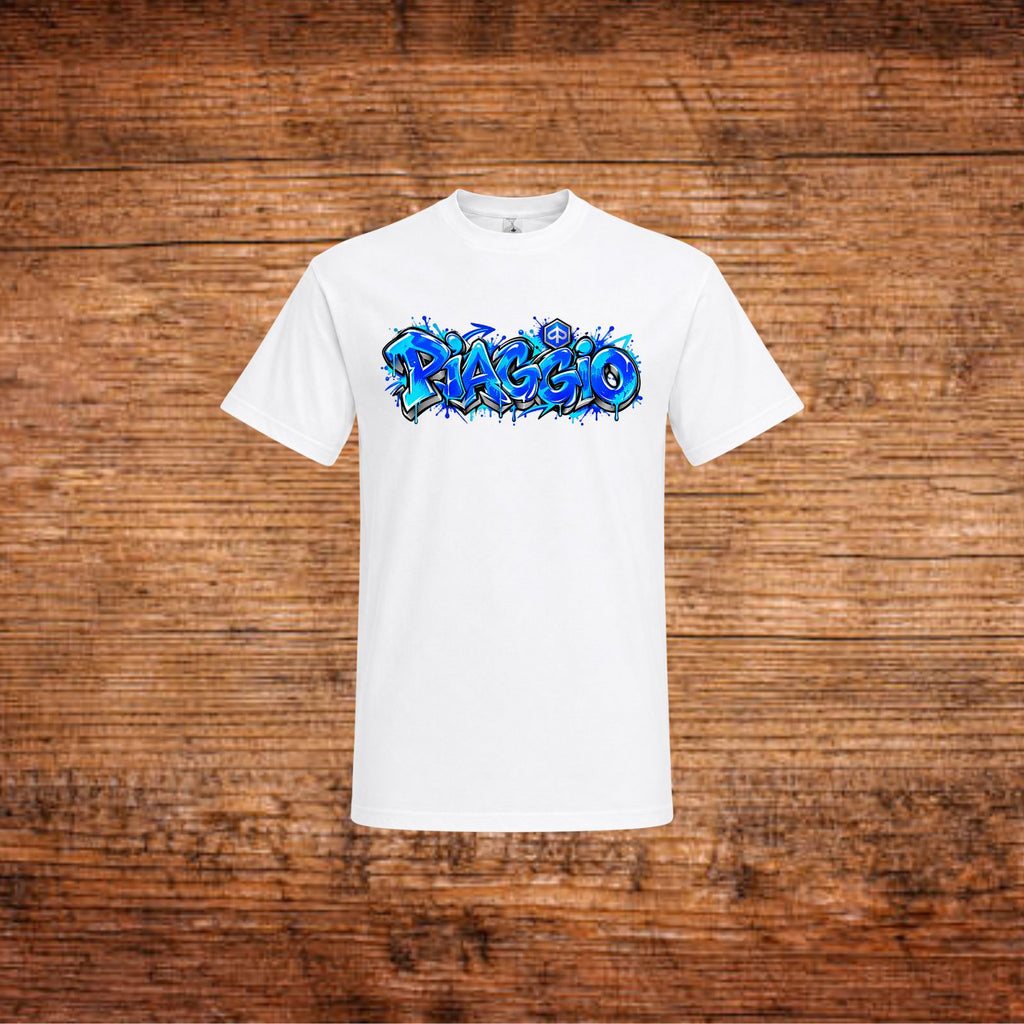 Piaggio Graffiti-T-Shirt, weiß, blaues Frontprint-Logo im Streetart-Stil