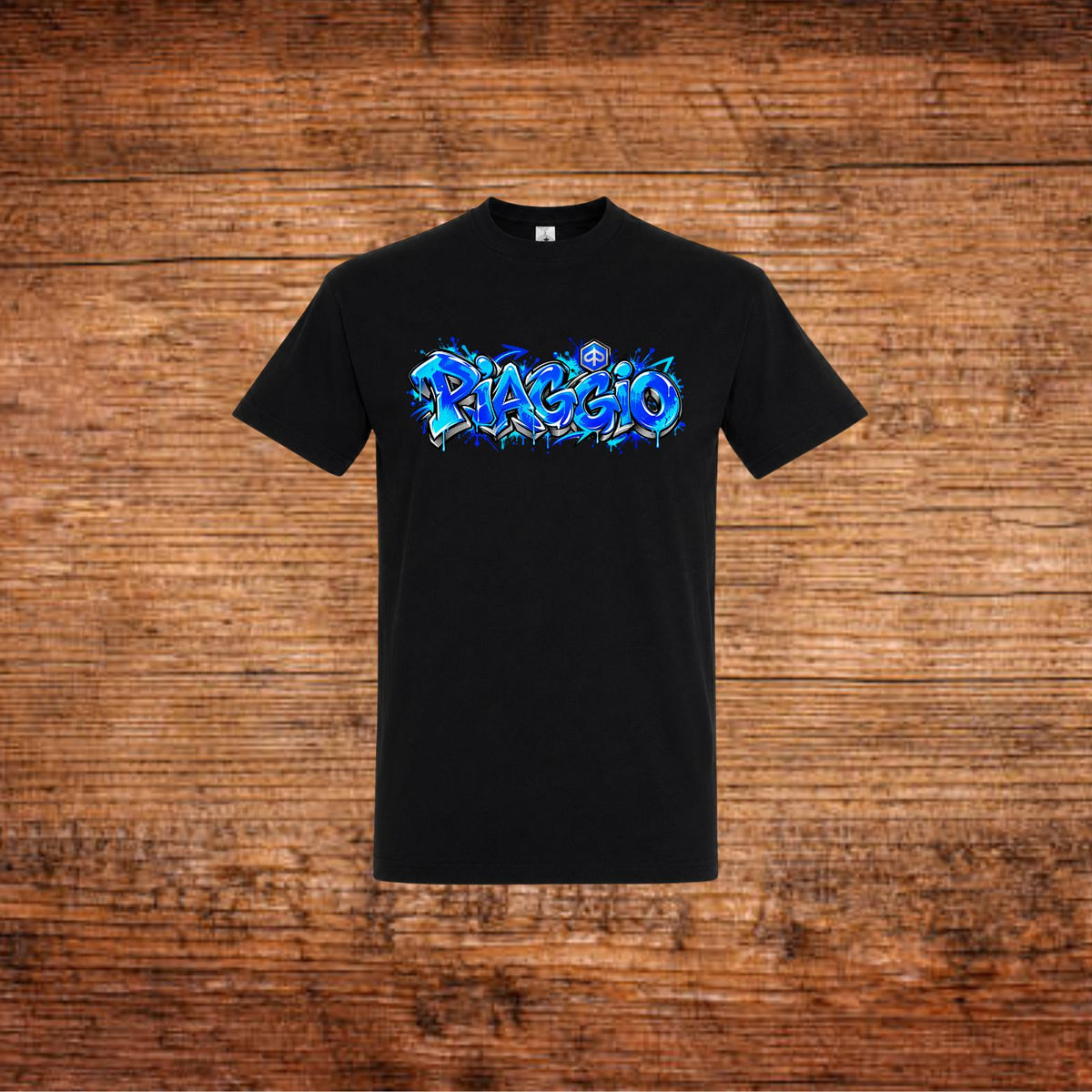 Piaggio Graffiti-T-Shirt, schwarz, blaues Frontprint-Logo im Streetart-Stil