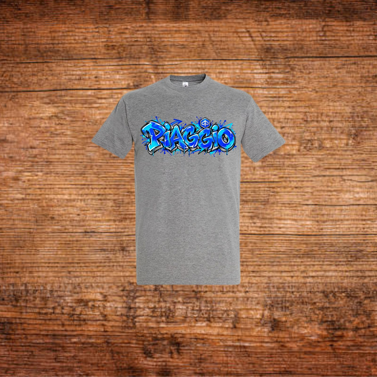 Piaggio Graffiti-T-Shirt, grau, blaues Frontprint-Logo im Streetart-Stil