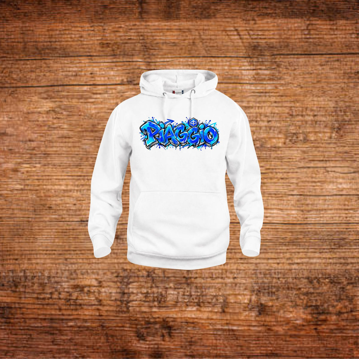 Weißer Hoodie mit Kapuze, Kängurutasche und blauem Graffiti-Print vorn