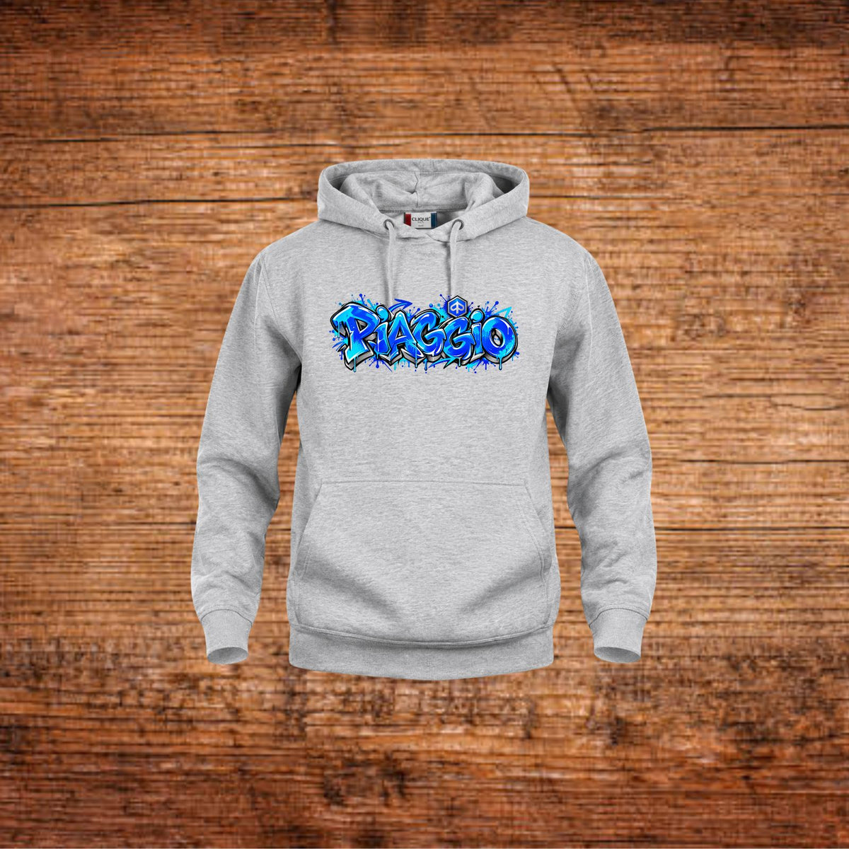 Grauer Hoodie mit Kapuze, Kängurutasche und blauem Graffiti-Print vorn