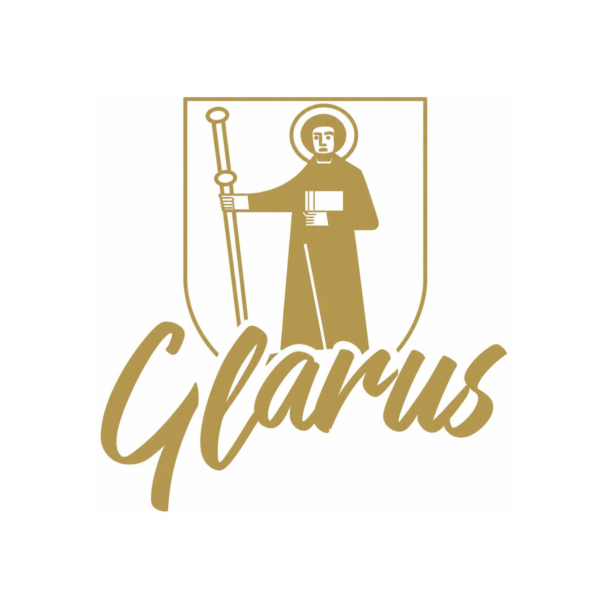 Glarus-Sticker mit Wappen und Schriftzug „Glarus“ in Goldbraun auf Weiß