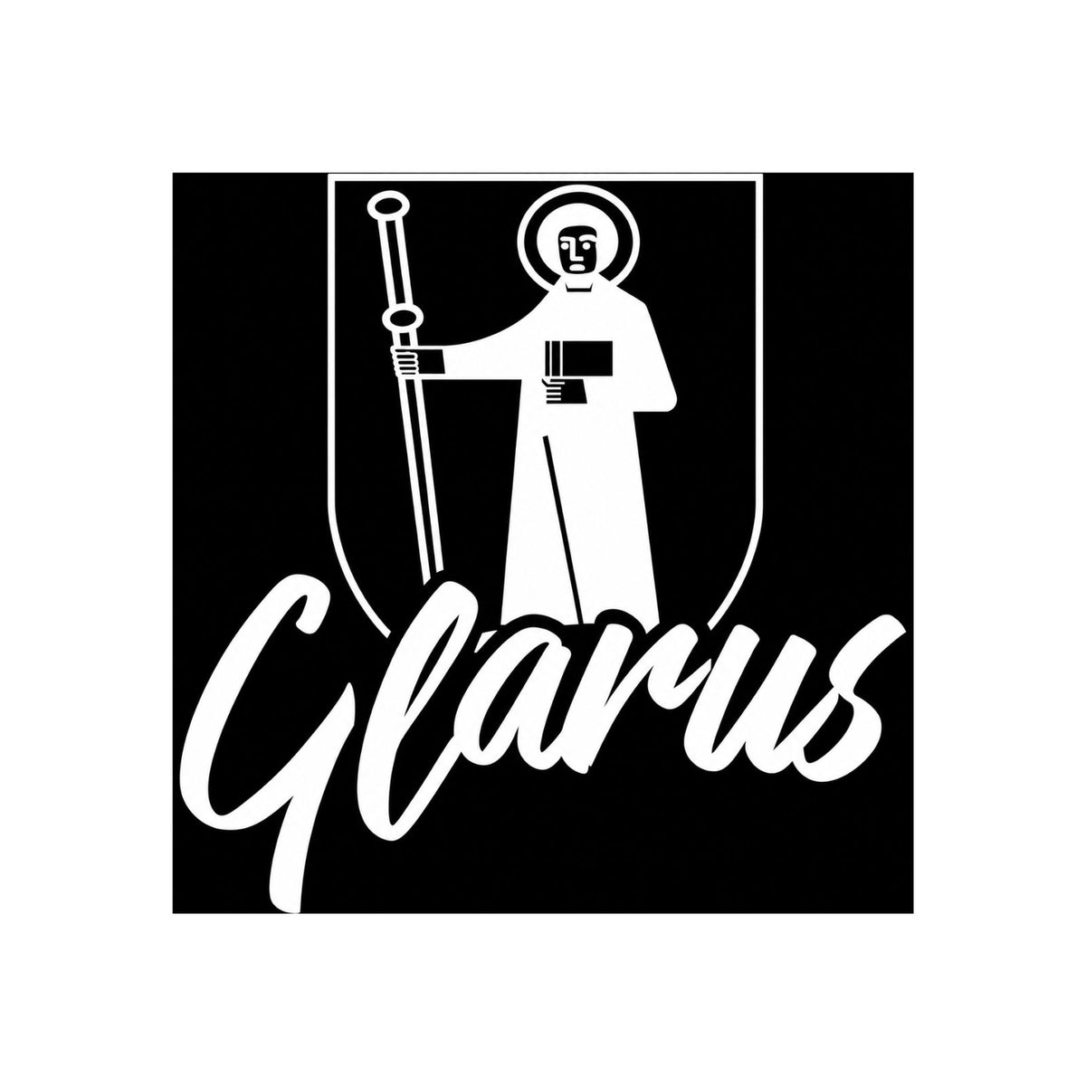 Glarus-Sticker mit Wappen und Schriftzug „Glarus“ in Weiß auf Schwarz
