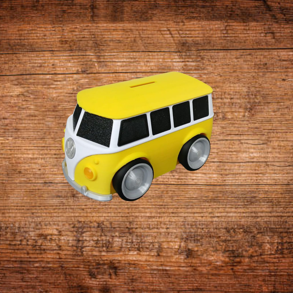 Bulli-Spardose: gelber VW-Bus mit weißen Fensterrahmen und runden Rädern