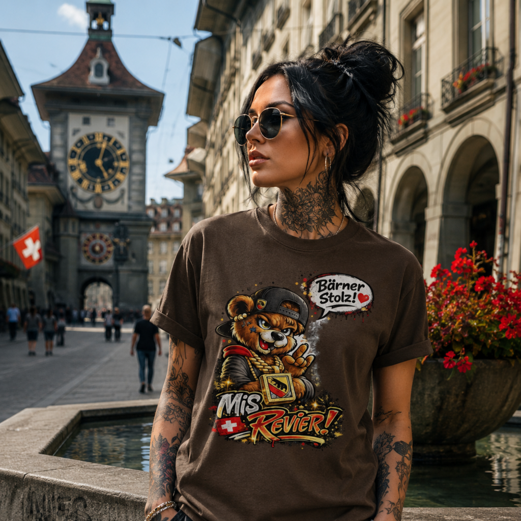 Braunes T-Shirt mit großem Tiercomic-Print vorn, Rundhals und kurzer Ärmel