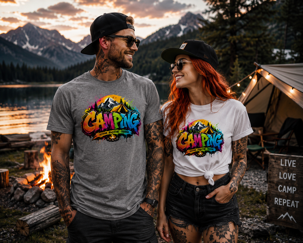 Graues Camping-Graffiti-T-Shirt mit farbigem Berg- und „CAMPlNG“-Logo auf der Brust