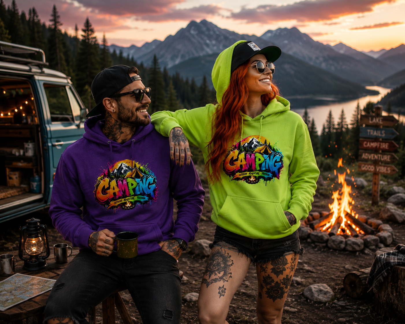Camping-Graffiti-Hoodies: lila und neongrün, Kapuze, Kängurutasche, Grafikprint