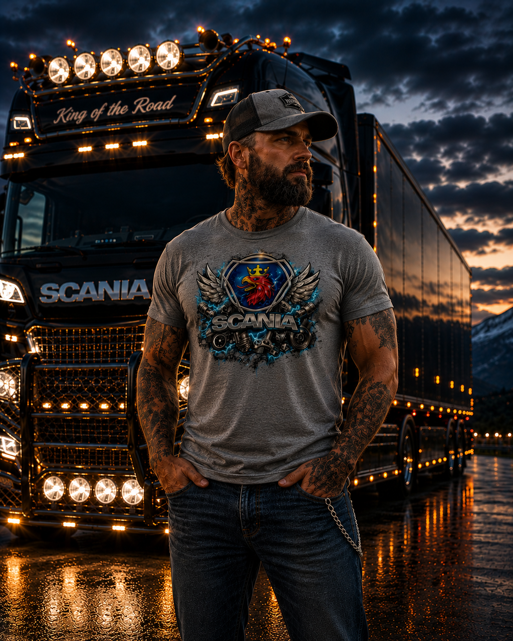 Grau meliertes T‑Shirt mit Rundhalsausschnitt und großem Scania-Grafikprint vorne
