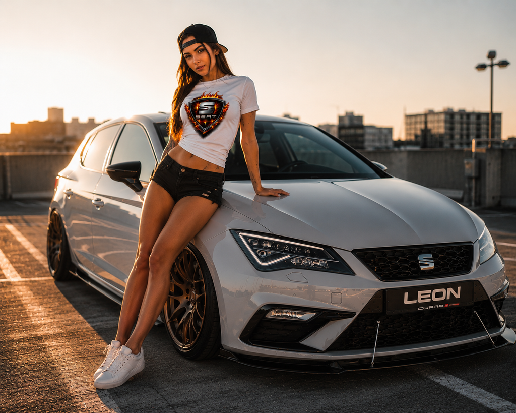 Hellgraues T-Shirt mit SEAT-Flammen-Emblem auf der Brust