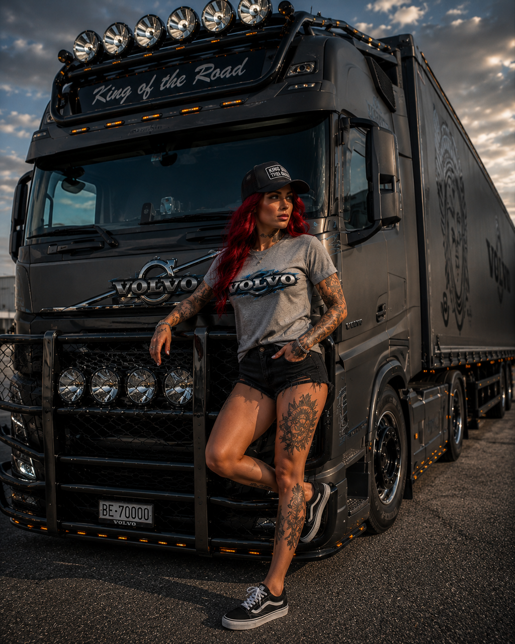 Graues T-Shirt mit Volvo-Logo vorn