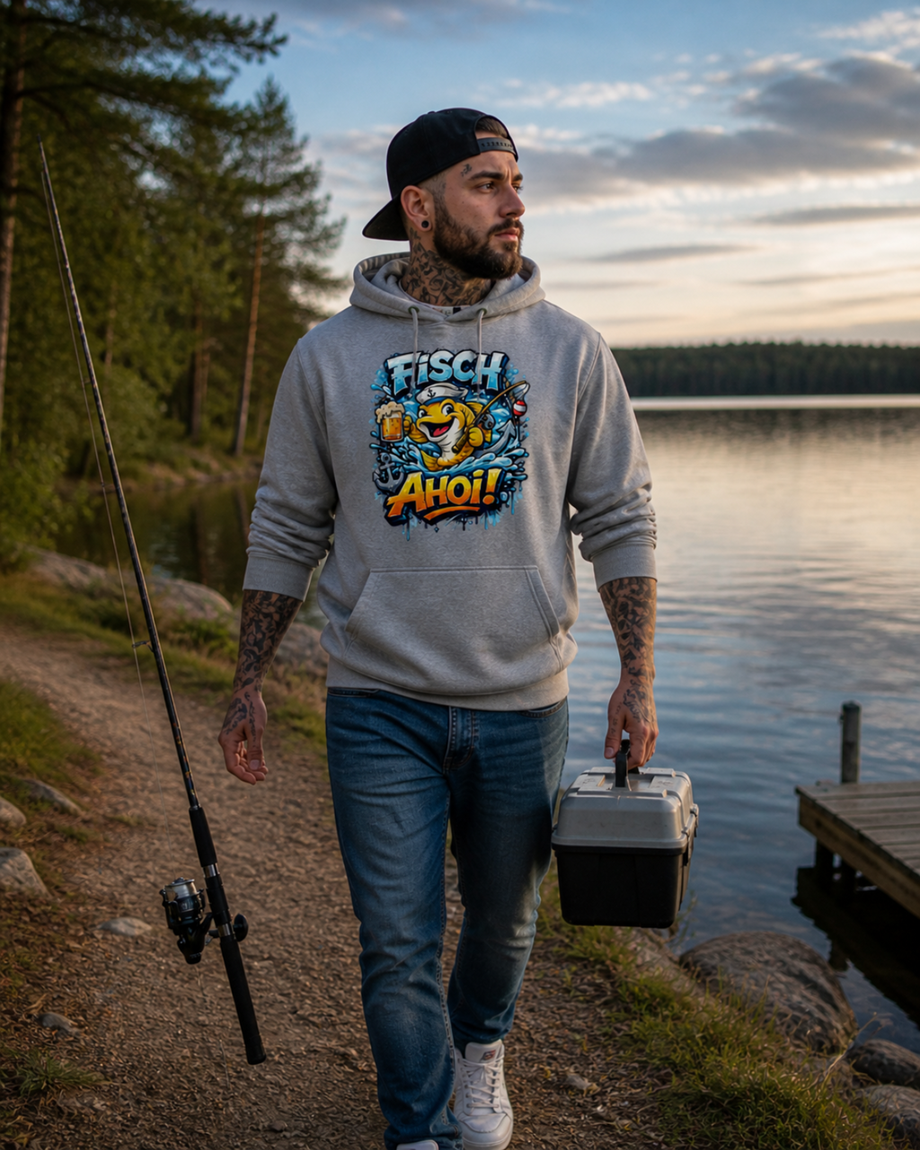 Grauer Hoodie mit Kapuze, Kängurutasche und Frontprint „FISCH AHOI!“