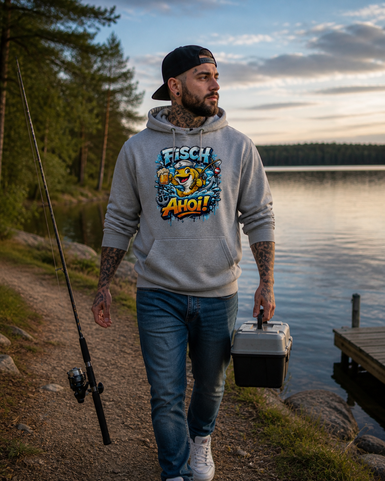 Grauer Hoodie mit Kapuze, Kängurutasche und Frontprint „FISCH AHOI!“