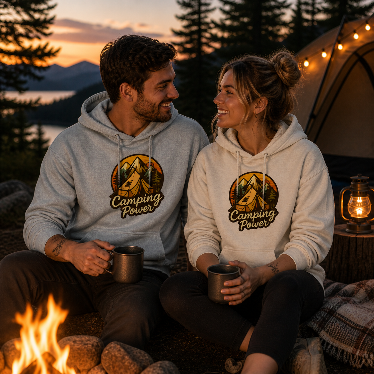 Grau melierter Hoodie mit Kapuze, Kordeln und Camping-Power-Frontprint