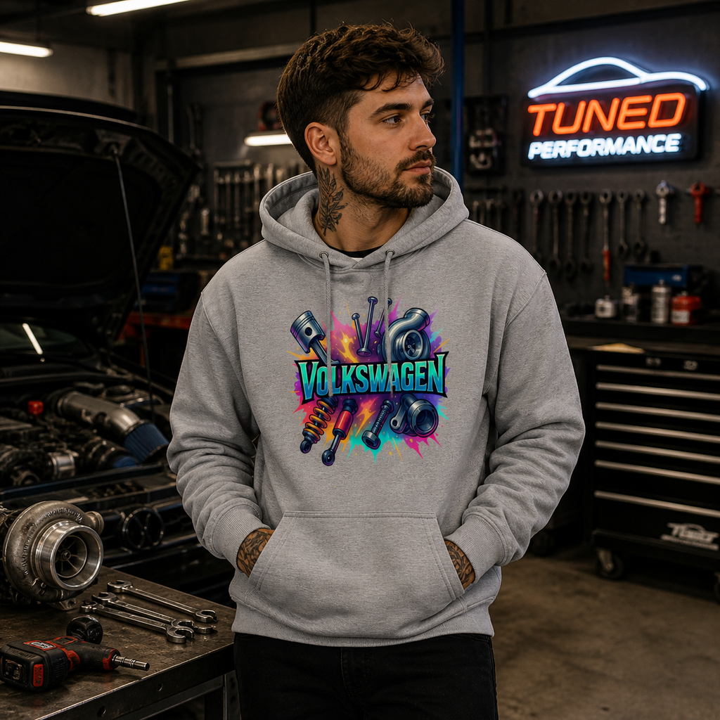 Grau melierter Hoodie mit Kapuze und farbigem Volkswagen-Logo vorne