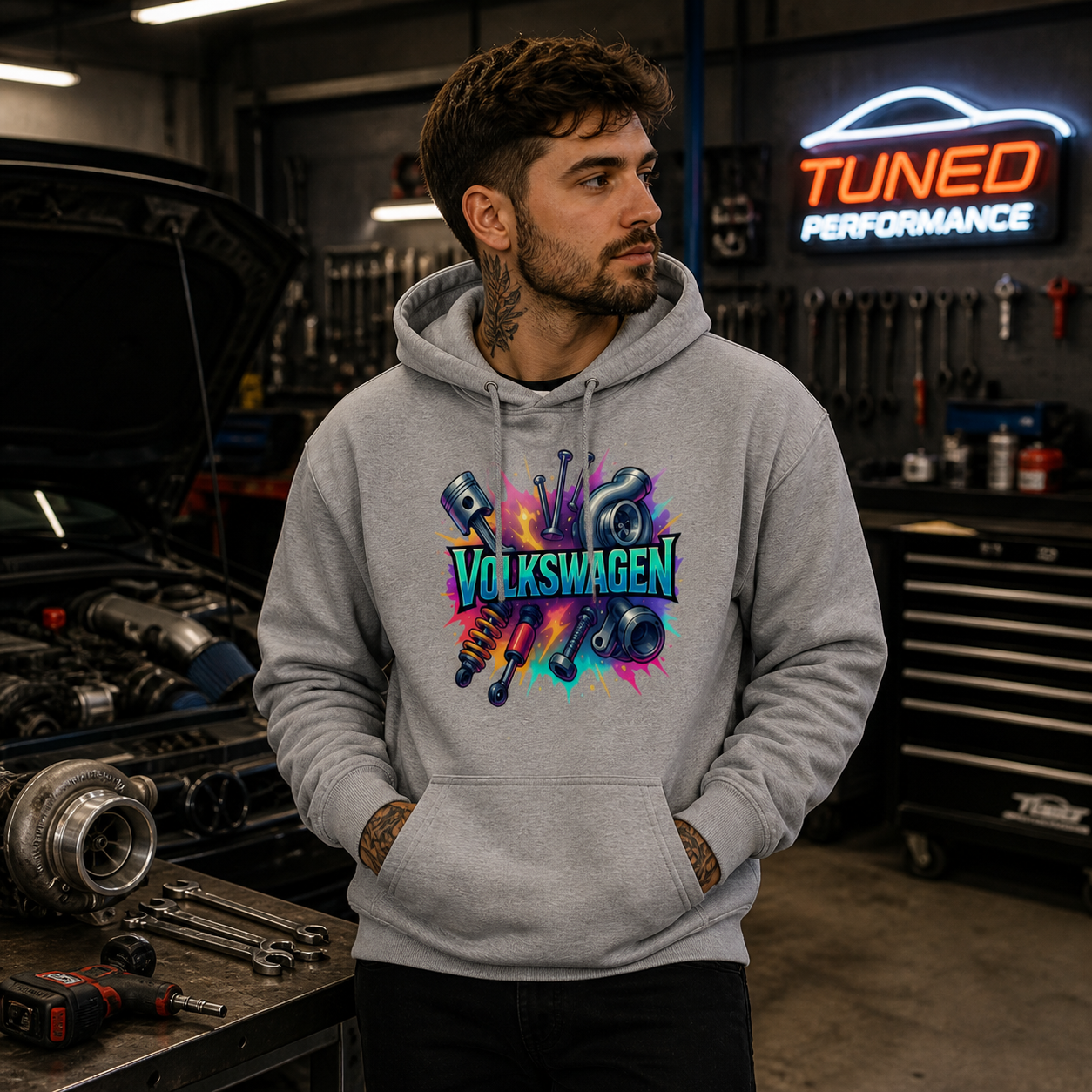 Grau melierter Hoodie mit Kapuze und farbigem Volkswagen-Logo vorne