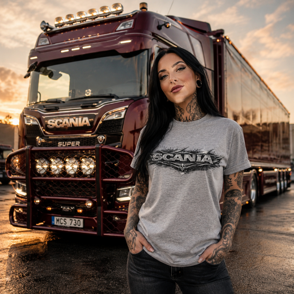 Graues T-Shirt am Model mit SCANIA-Metall-Logo vorn.