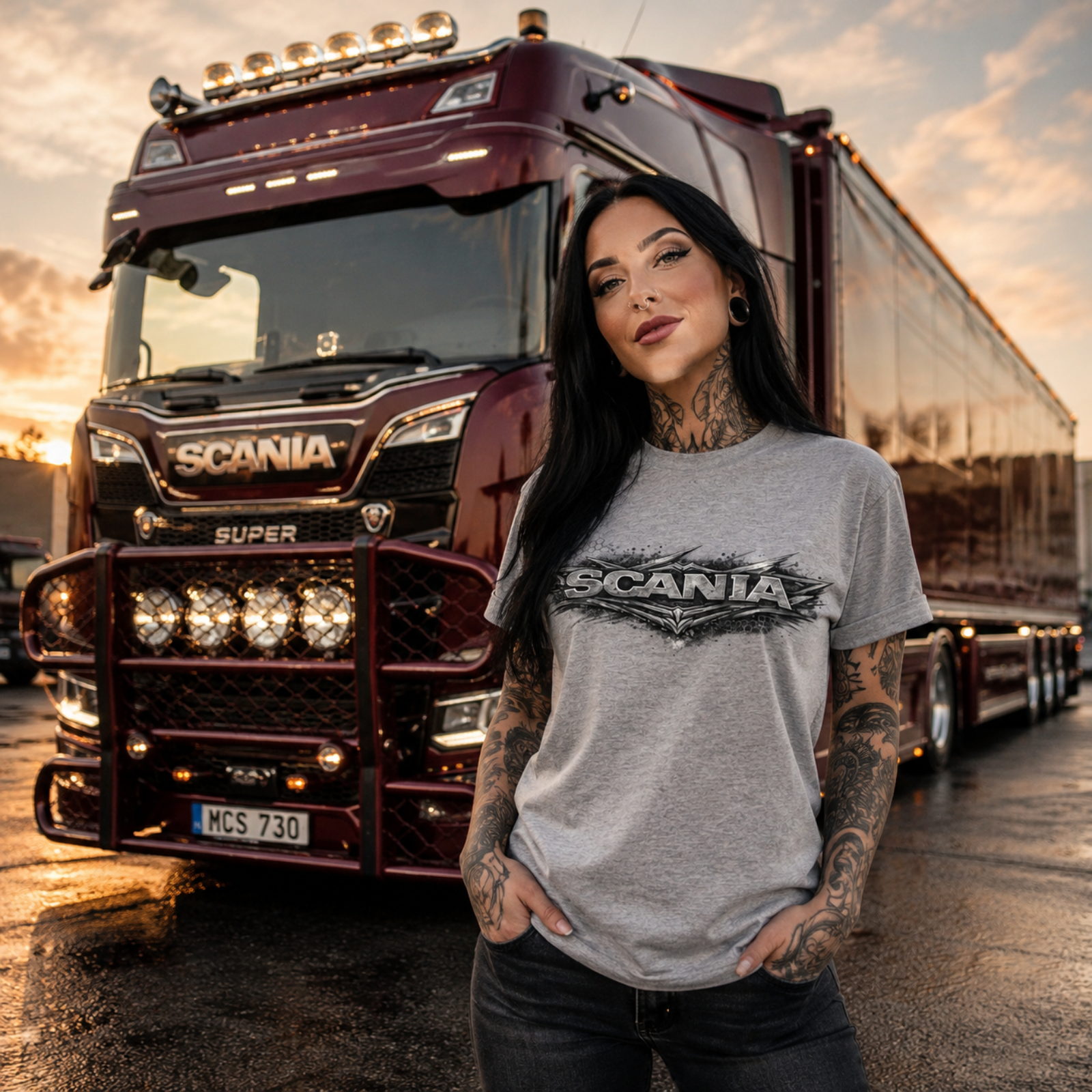 Graues T-Shirt am Model mit SCANIA-Metall-Logo vorn.