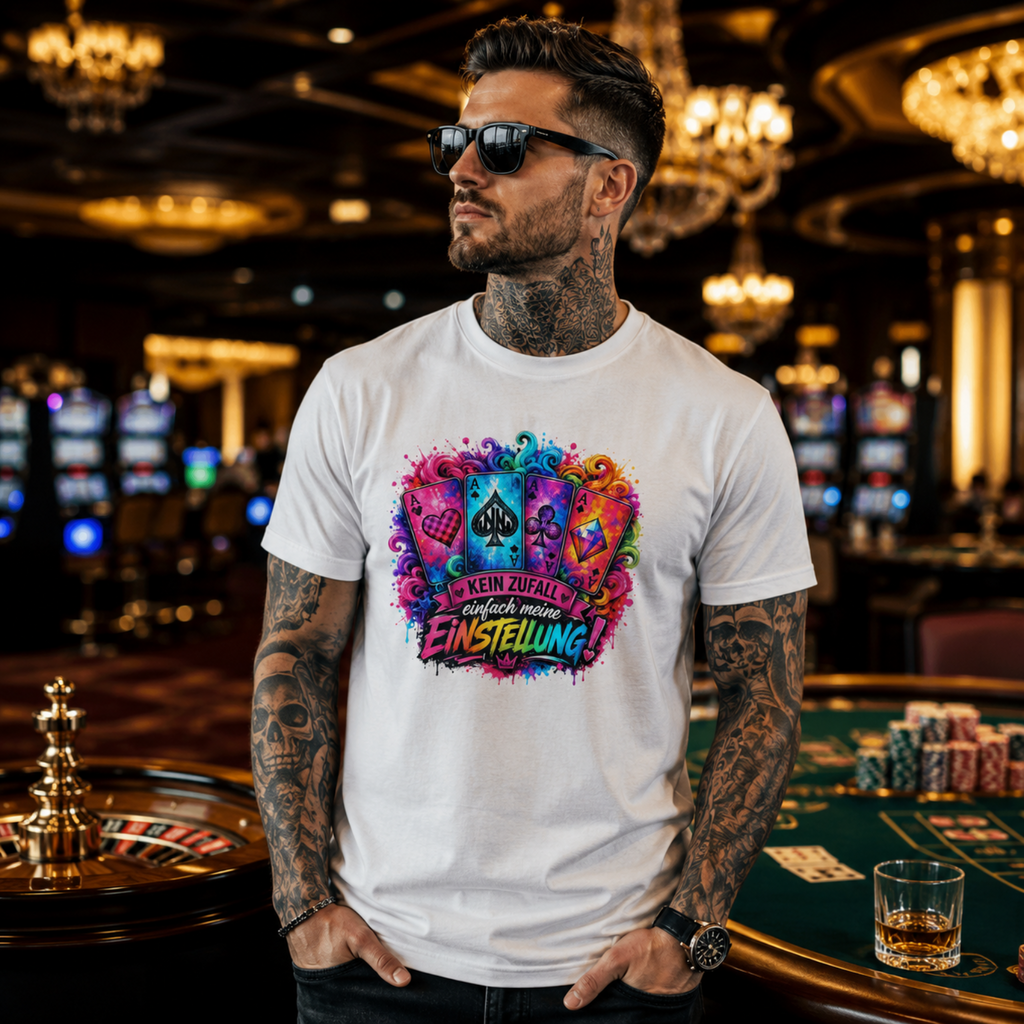 Weißes T-Shirt mit bunter Front-Grafik und Schriftzug im Brustbereich.