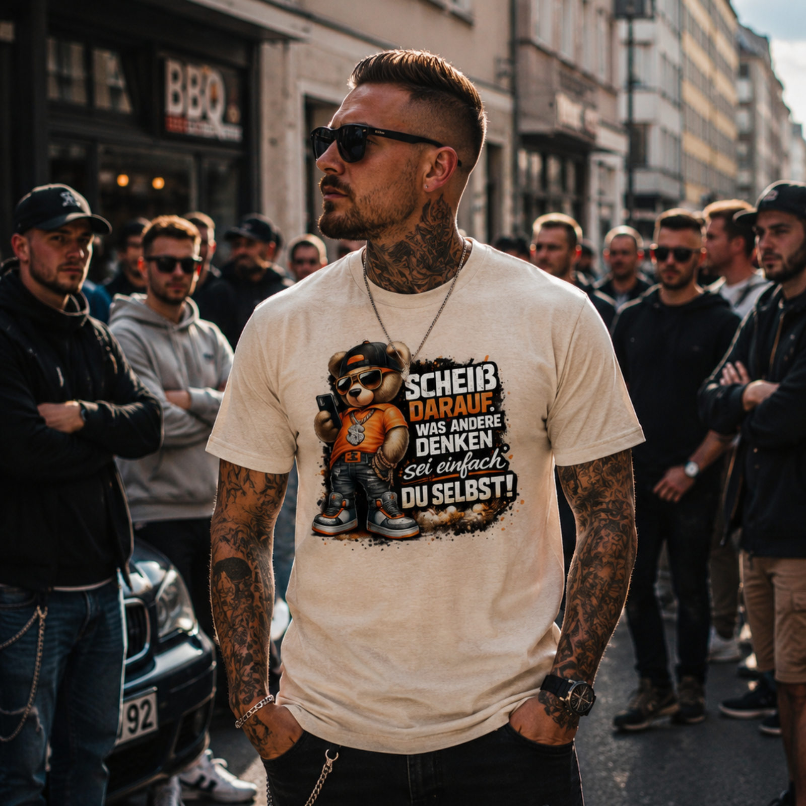 Beiges T-Shirt mit Rundhalsausschnitt und Cartoon-Print mit Spruch vorn
