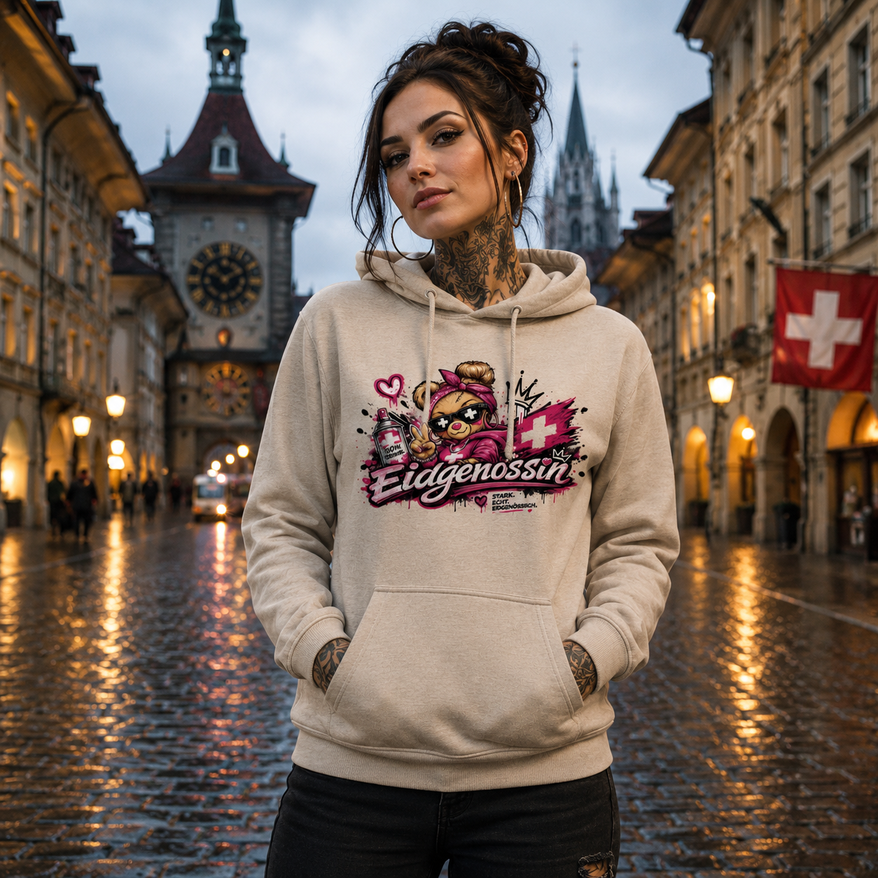 Eidgenossin-Hoodie in beigem Melange mit Kapuze, Kordeln und Frontprint