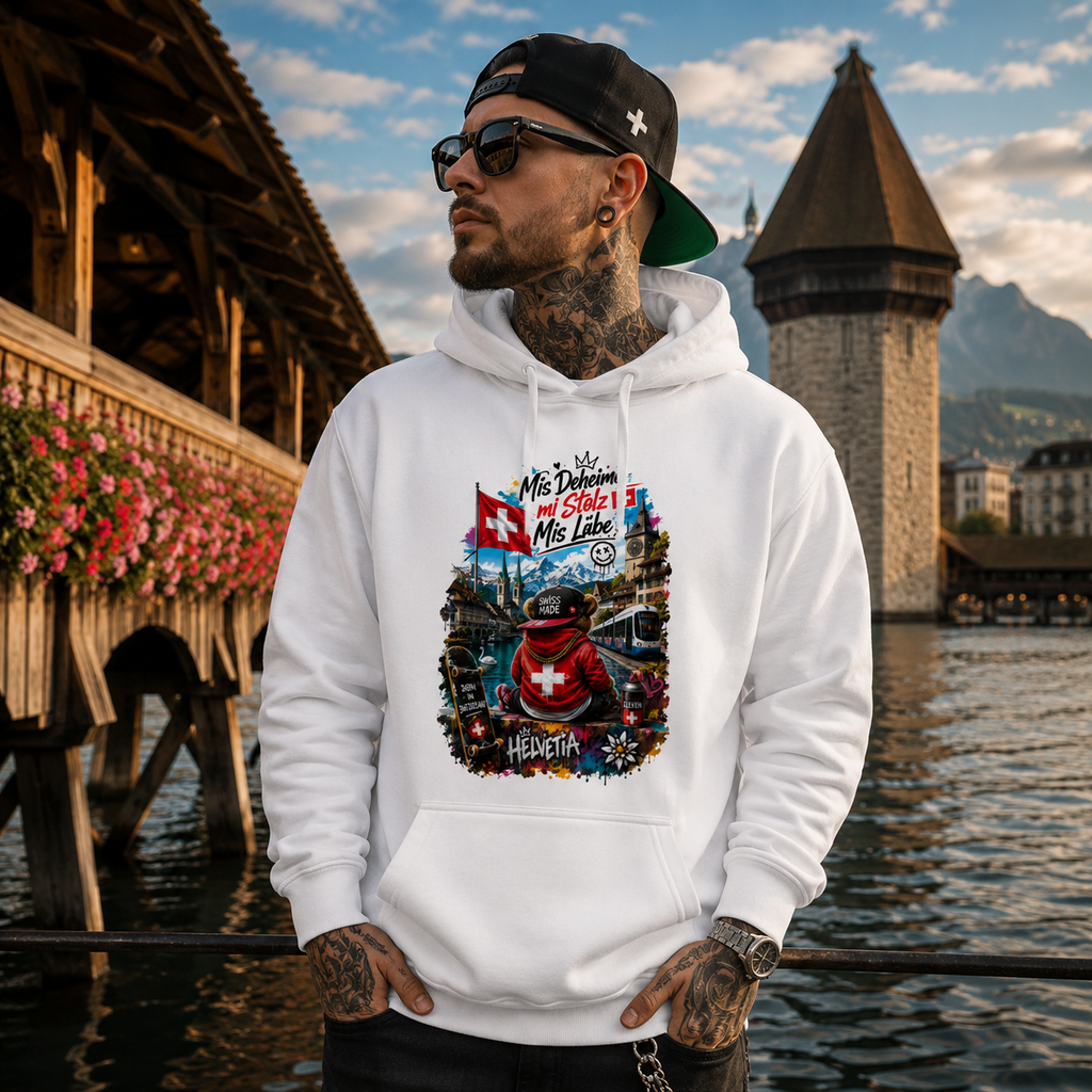 Weißer Kapuzen-Hoodie mit Kordeln, großem Frontprint und Kängurutasche
