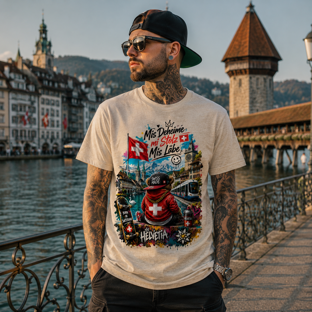 Beiges T-Shirt mit Rundhalsausschnitt und großem Schweiz-Motivprint vorne