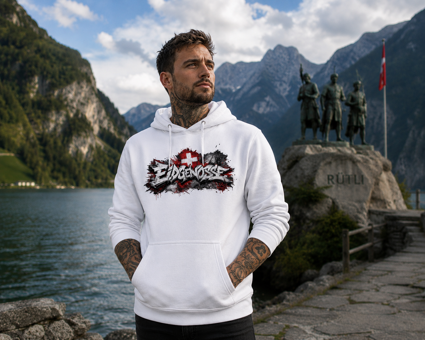 Weißer Kapuzenhoodie mit Kängurutasche und Frontprint in Rot und Schwarz
