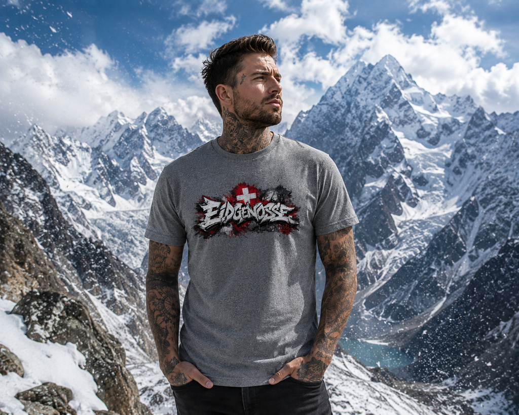 Graues T-Shirt mit großem Frontaufdruck und Schweizer Kreuz in Rot und Weiß