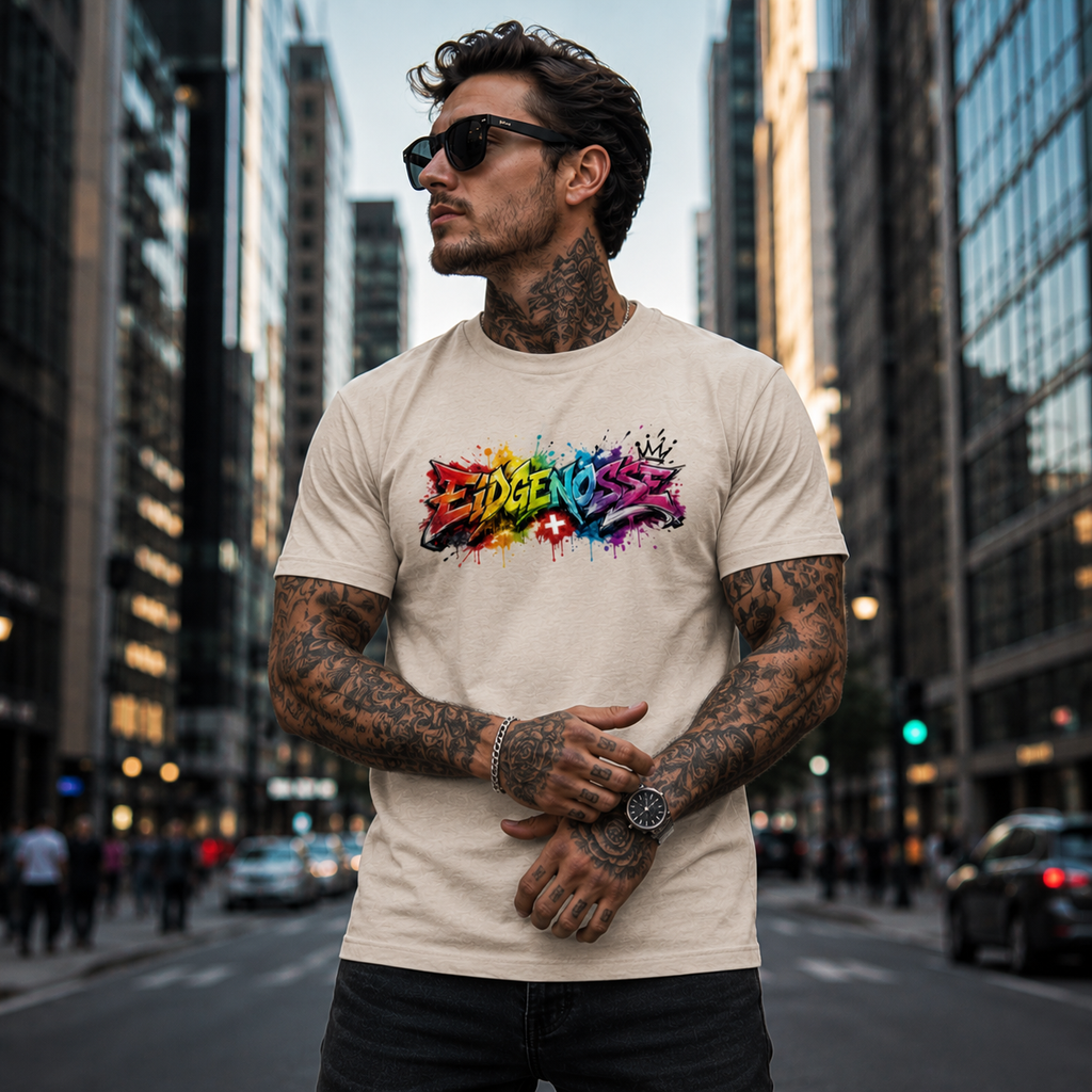 Helles T-Shirt mit Graffiti-Frontprint und Rundhalsausschnitt
