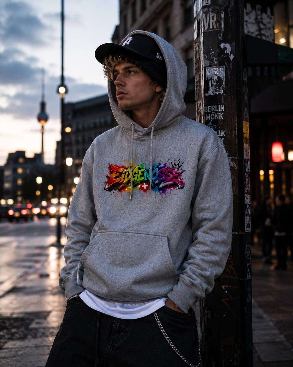 Grauer Kapuzenpullover mit Frontprint aus buntem Graffiti und Kängurutasche