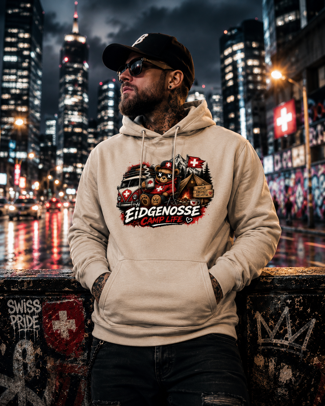 Beiger Kapuzenpullover mit Frontprint, Kordelzug und Kängurutasche