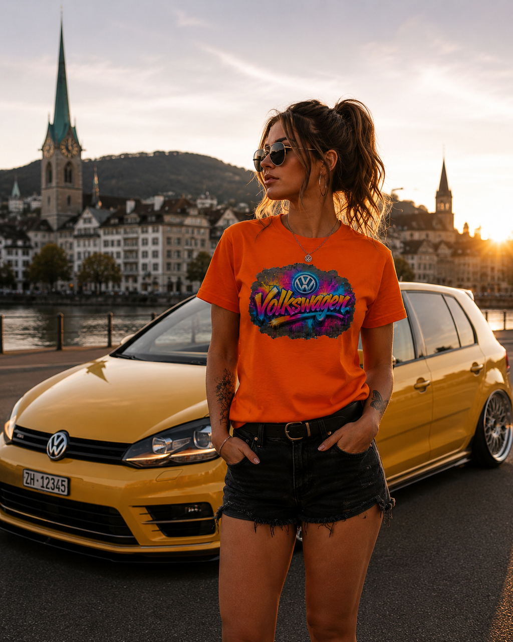 Graffiti-T-Shirt mit Volkswagen Aufdruck, orange, Rundhalsausschnitt