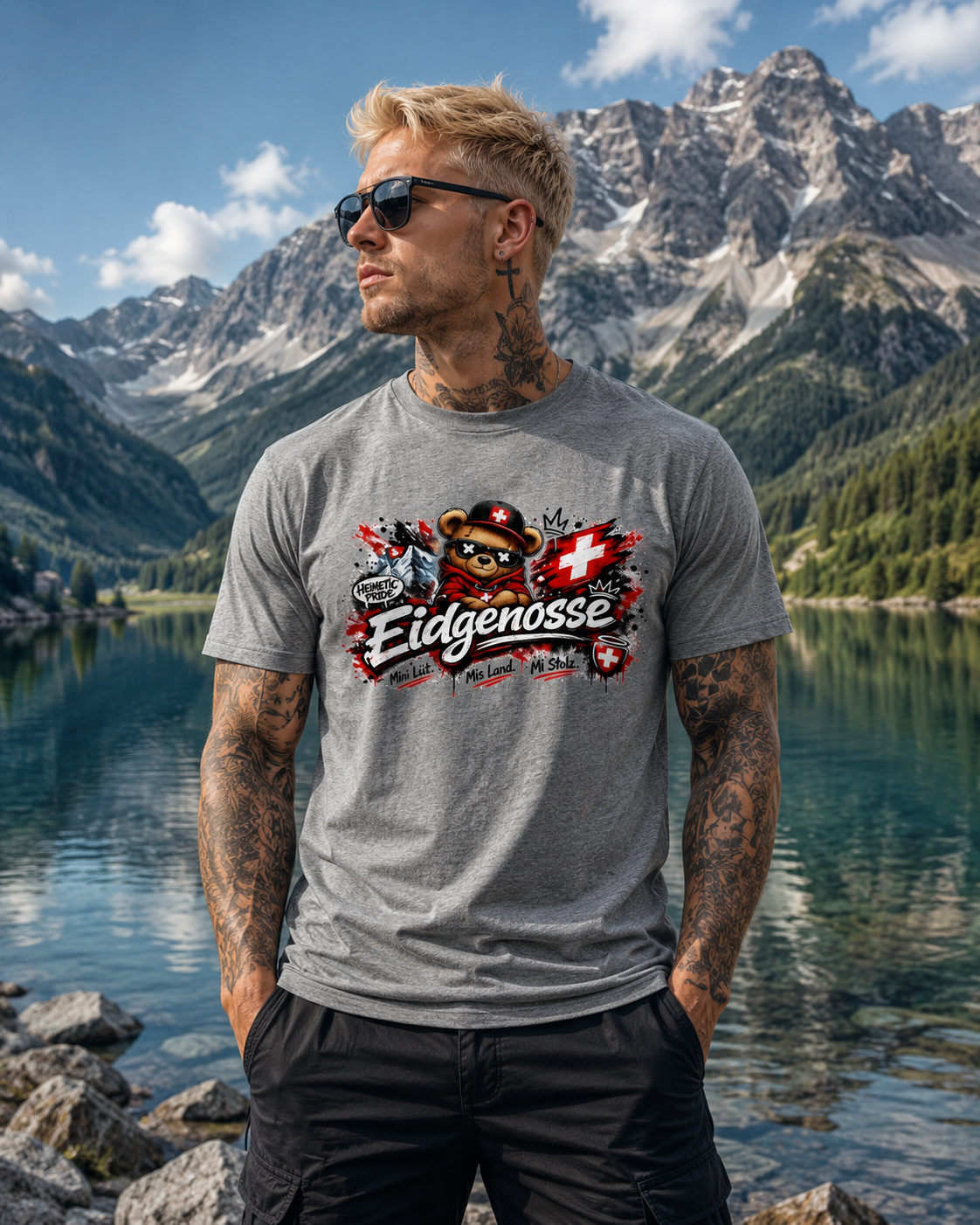 Graues T-Shirt mit großem Bär-Print und Schriftzug auf der Brust