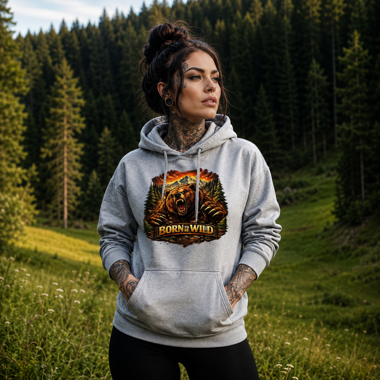 Hoodie in Hellgrau mit Bären-Grafik, Kapuze und Kängurutasche