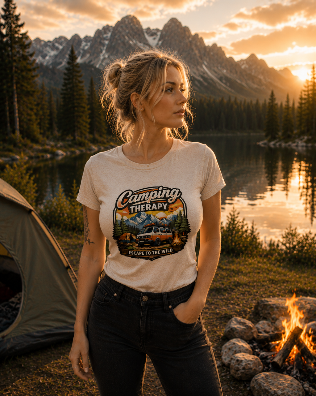 T-Shirt mit Camping-Print, cremefarben