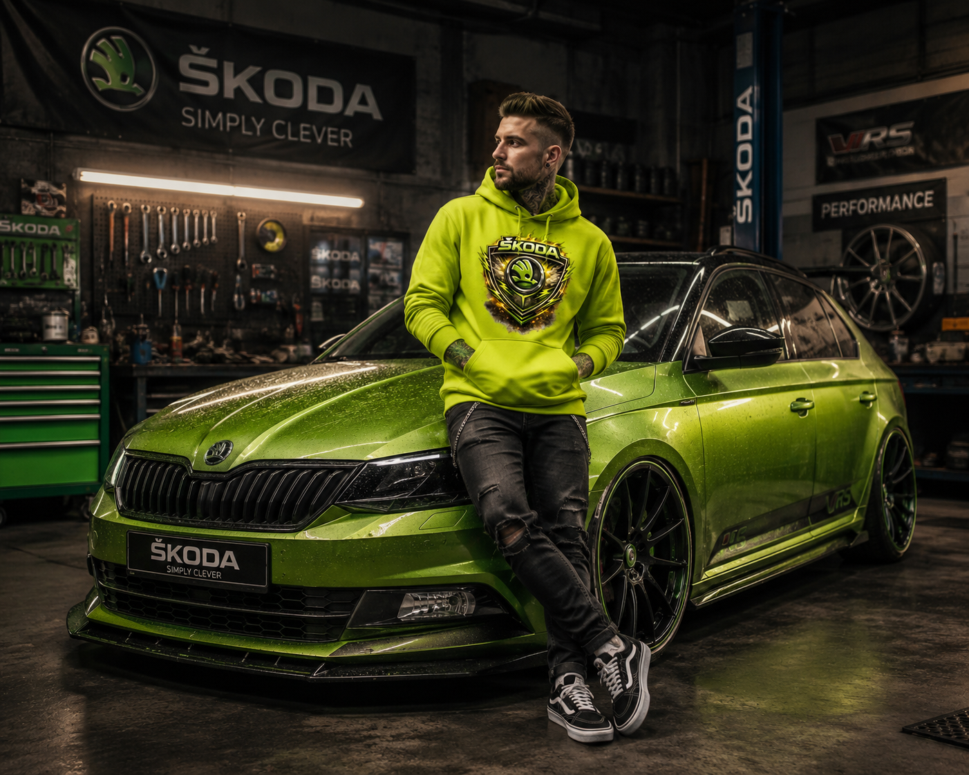 Hoodie Škoda, neon-grün mit Kapuze und Kängurutasche, großes Brustlogo
