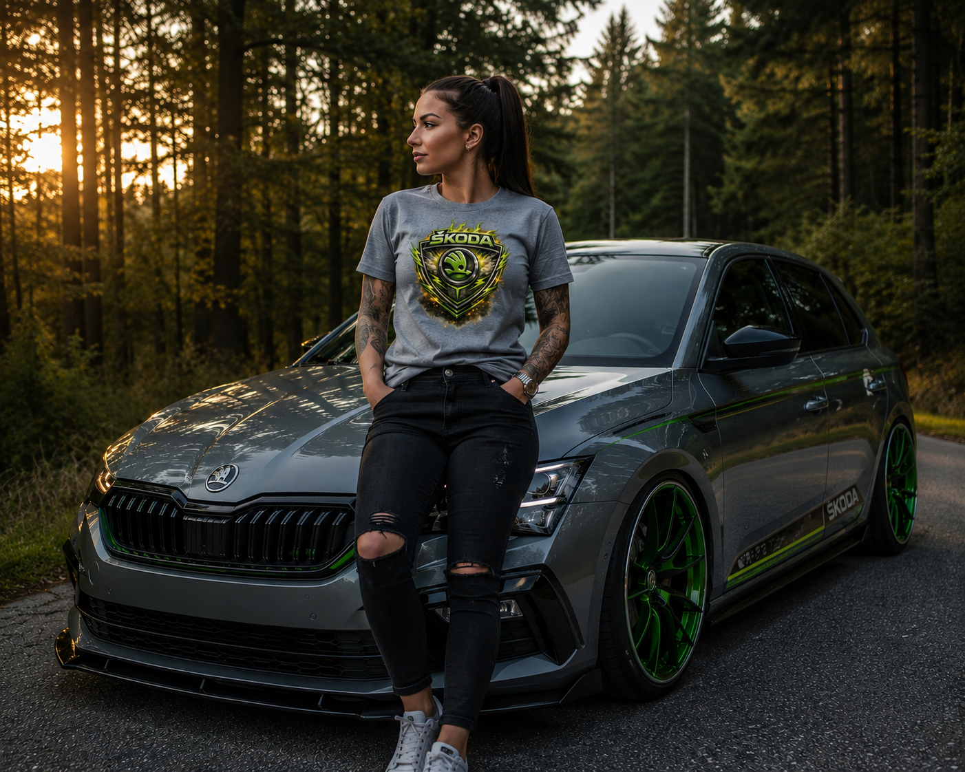 Škoda T-Shirt, graues Kurzarmshirt mit großem Emblem auf der Brust